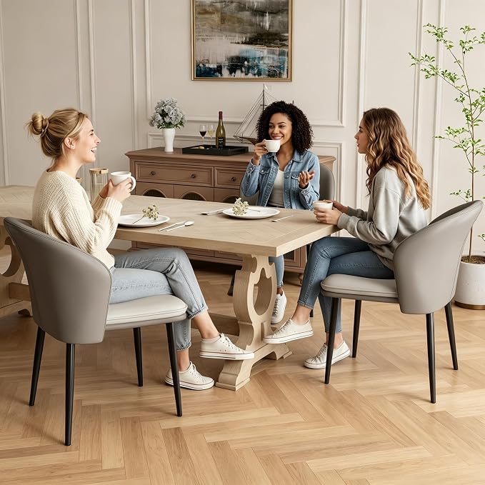 Modern Dining Chairs Set of 6, Faux Leather Upholstered Accent Chair with Metal Legs, Kitchen Side Chair with Comfortable Seat for Dining Room, Living Room, Bedroom, Light Grey
