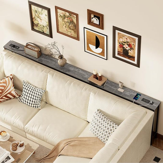 SUPERJARE 102.4 Inch Sofa Table with Power Outlets and USB-C Ports, 5.9 Inch Narrow Console Tables, Entryway Hallway Couch Tables with Storage, Behind Sofa, Small Spaces, Living Room, Charcoal Gray