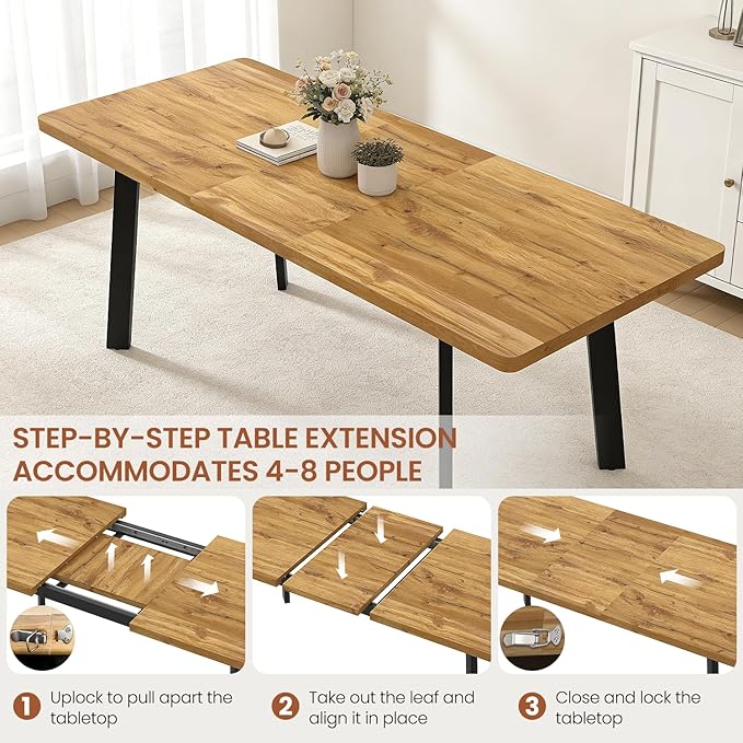 Extendable Dining Table for 6 to 8 People, 63" to 78.7" Modern Kitchen Table with Removable Extension Leaf, MDF Expandable Dining Room Table Compact for Small Spaces, Walnut