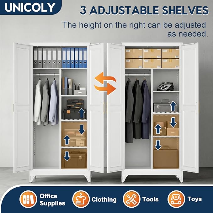 UNICOLY Metal Wardrobe Closet Storage Cabinet, 71" H Wardrobe with Hanging Rod, Clothing Coat Steel Locker Freestanding Wardrobe for Office, School, Home, Employee,Gym,Fire Department, White