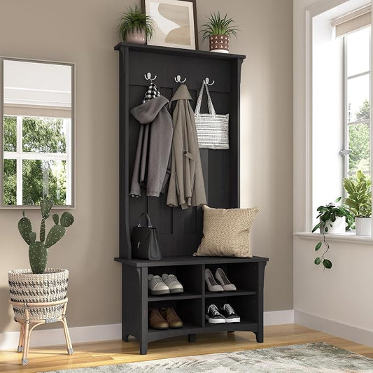 Bush Home Salinas Hall Tree with Shoe Storage Bench in Vintage Black, Multi-Purpose Home Organizer, Entryway Solution with Seating and Hooks