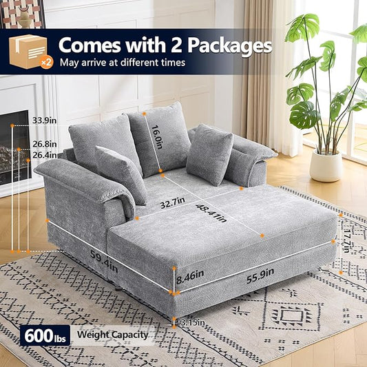 VINGLI Modern Floating Chaise Lounge Chair with Acrylic Legs, Upholstered Cushion Deep Seat Lounge Sofa with Iron-Wood KD Frame, Pillow Armrest, Accent Chair for Living Room, Play Room Apartment