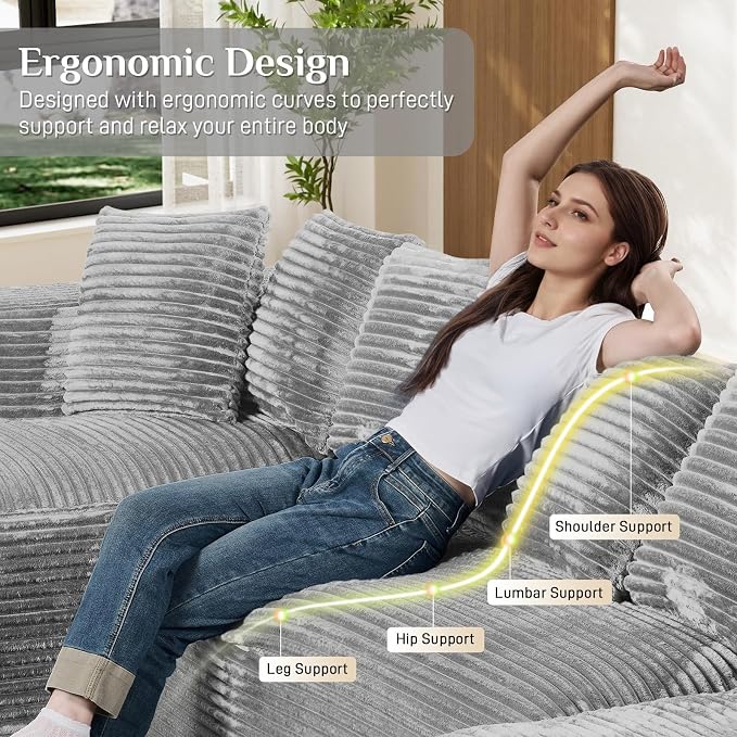 131" Oversized U Shaped Cloud Sectional Couches for Living Room, Comfy Fluffy Corduroy Grey Boneless Sectionals Couch, Plush Memory Foam Modular Sectional Sofa with Chaise- 19" Seat Height
