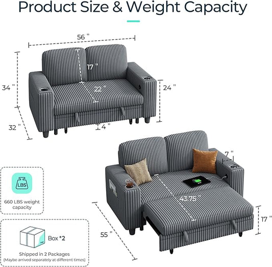 LINSY HOME Sectional Sleeper Sofa Pull Out Couches for Living Room (Grey, Pull Out Couch) | Pull Out Sofa Bed, Storage, USB Charging, Cup Holders, Plush Corduroy