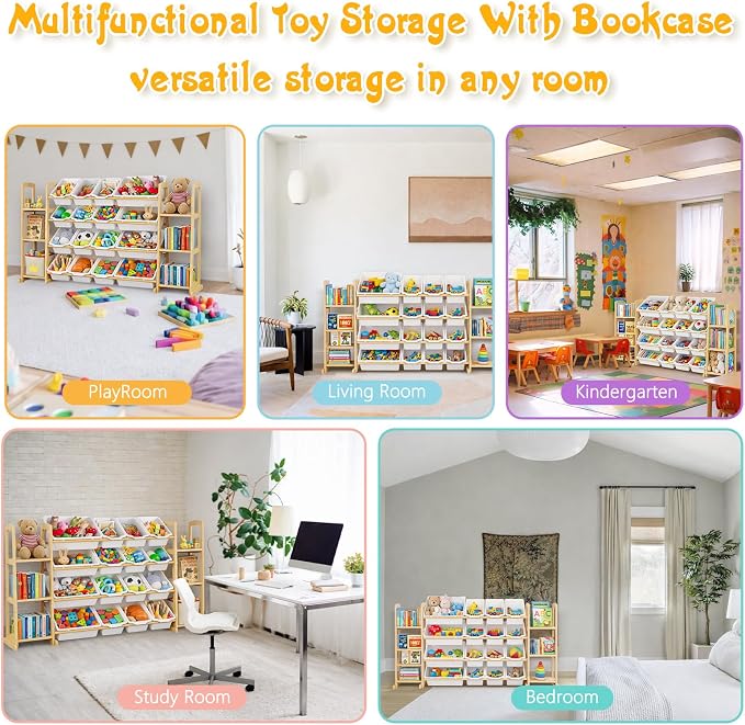 Kids Toy Storage Organizer with Bookshelf – Wooden Shelf with 16 Bins & 6 Shelves, Quick Assembly Storage Rack for Playroom, Bedroom, Nursery - White