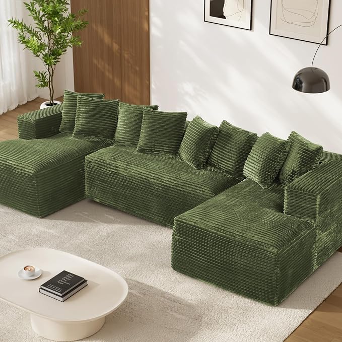 131" Oversized U Shaped Cloud Sectional Couches for Living Room, Comfy Fluffy Corduroy Green Boneless Sectionals Couch, Plush Memory Foam Modular Sectional Sofa with Chaise- 19" Seat Height