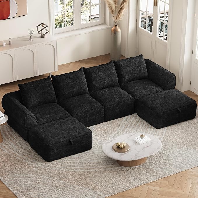 132" Modular Sectional Sofa with Deep Seat, U-Shaped Cloud Couch for Living Room, 4-Seater Boneless Sofa with 2 Ottomans, Flexible Combination Upholstery Sofa, No Assembly Required, Graphite Black