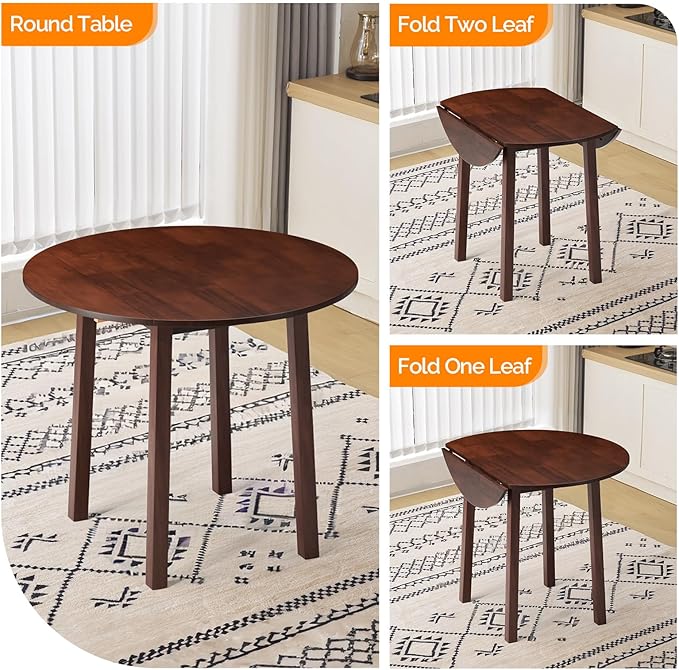 VINGLI 35" Solid Wood Folding Dining Table, Drop Leaf Kichen Dining Room Desk for Small Spaces, Small Kitchen, Expandable Folding Round Table for Home, Apartment,Office, Brown