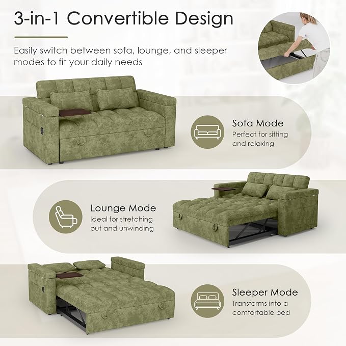 65'' Sleeper Sofa Bed, Pull Out Couch with Side Table | USB Charging Port | Adjustable Backrest | Chenille Fabric, Convertible Loveseat for Living Room, Apartment, Small Spaces (Green)