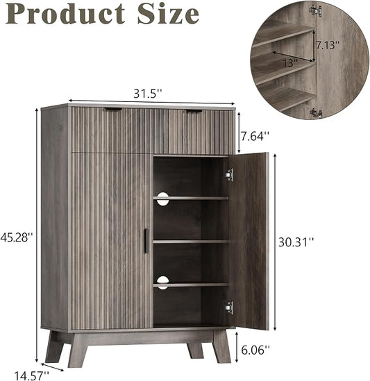 Shoe Cabinet Storage for Entryway with Doors, 4 Tier Fluted Shoe Organizer with 2 Drawers, Entryway Shoe Storage with Adjustable Shelves, Freestanding Hidden Shoe Rack for Front Door Entrance, Grey
