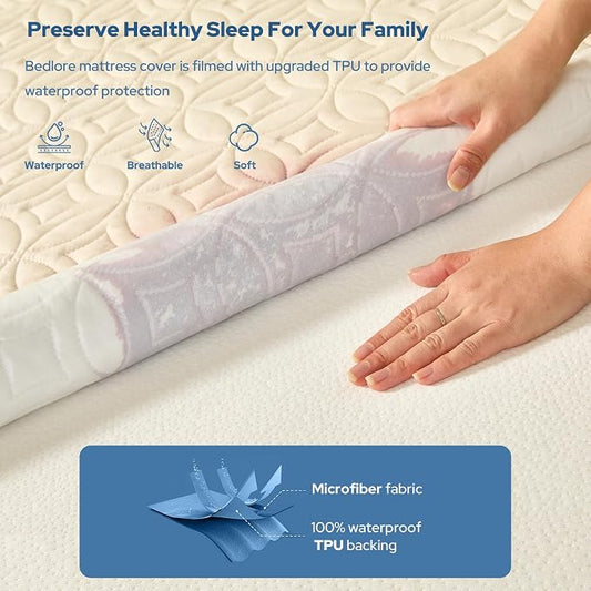 BEDLORE Waterproof Mattress Protector, California King Size Noiseless Mattress Pad with Deep Pocket 6"-18" Depth, Soft Breathable Bed Mattress Cover Washable for Home, Bedroom, Hotel (Beige)
