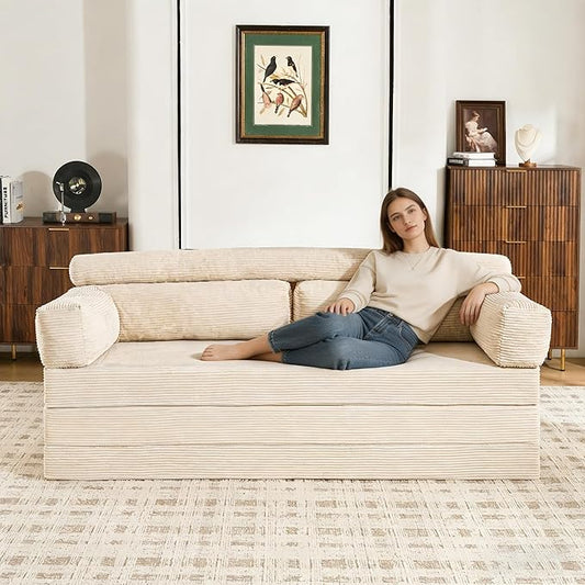 5-in-1 Convertible Sofa Bed Queen, 60" Boneless Loveseat Couch Tri Folding Mattress with L-Shaped Armrests, Corduroy Futon Couch Sleeper with Pull Out Bed for Living Room Bedroom Apartment, Beige