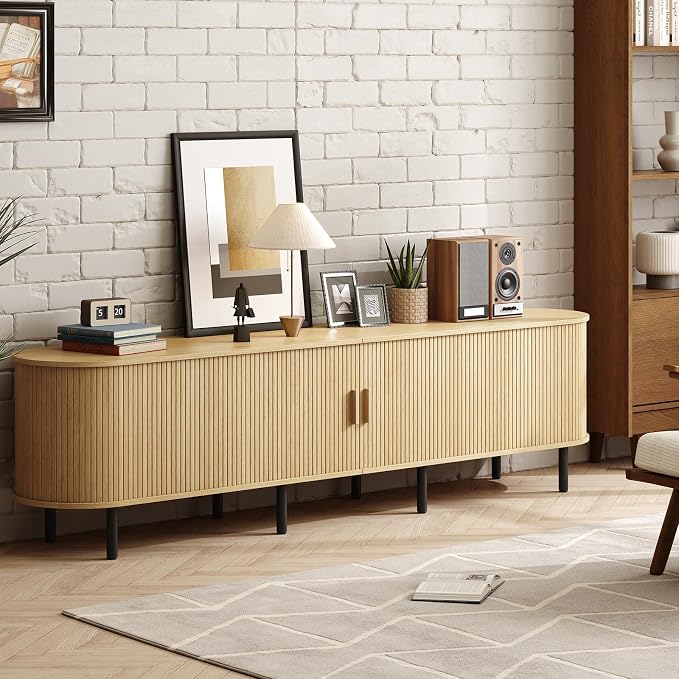 ONBRILL 86.6" TV Stand with Power Outlet for TVs up to 90 Inch, Entertainment Center with Storage and Adjustable Shelves, Modern Media Console with Sliding Doors for Living Room, Oak