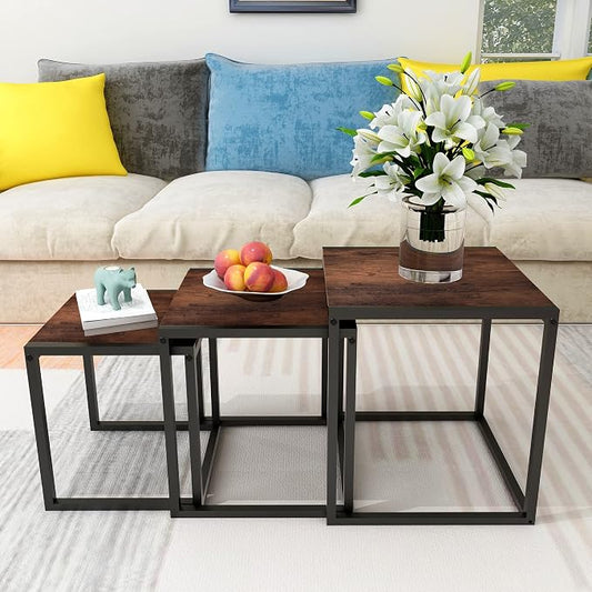 Nesting Table Set of 3 Side Tables, Modern Coffee Table Stacking End Table with Metal Frame,Brown