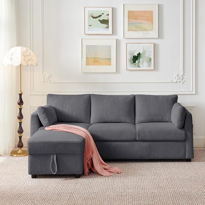 Corduroy Storage Ottoman for Living Room Sofas Couches, Square Ottoman with Storage Space Foot Rest Stool for Apartment, Dorm, Entryway, Grey