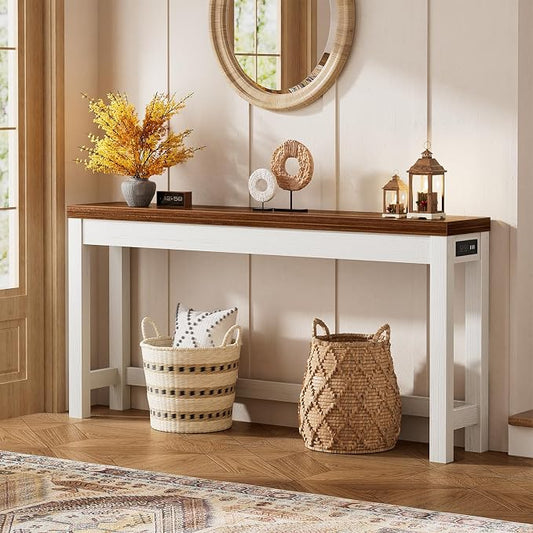 Cyclysio 63" Console Table with Charging Station, 13.8" Deep Farmhouse Sofa Table Behind Couch with 2 AC Outlets & 3 USB Ports, Long Entryway TV Console or Home Office Desk, Rustic Oak
