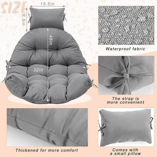 Tudomro Waterproof Egg Chair Cushion with Pillow Filling 2.58 kg Replacement Rocking Wicker Chair Cushion 48" x 32" High Back Hanging Swing Hammock Pad Thicken for Outdoor Patio Garden (Dark Gray)
