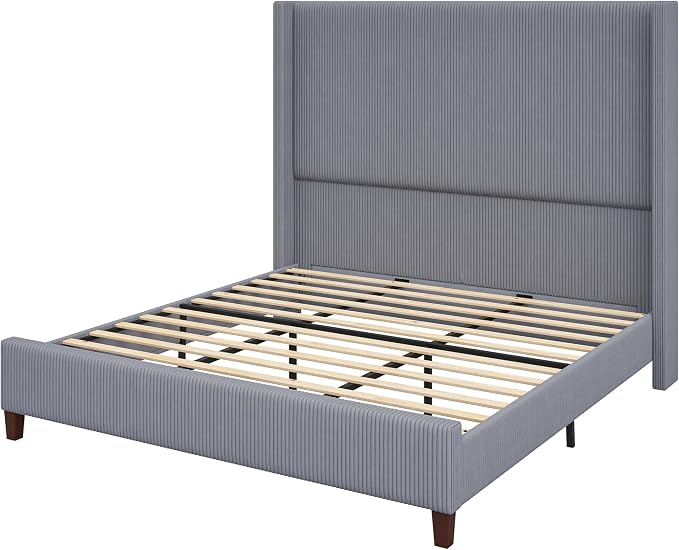 AMERLIFE King Size 62" Corduroy Upholstered Bed Frame, Luxurious Platform Bed with Extra Tall Wingback Headboard and Vertical Stripe, No Box Spring Needed/Solid Wood Slats & Legs/Gray
