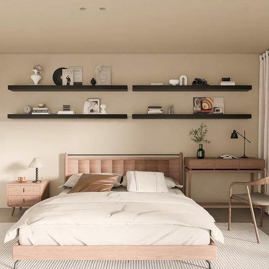 Floating Shelves for Wall, 60 Inch Extra Long Black Wall Shelves, Set of 4, Hanging Invisible Brackets Floating Shelves for Living Room,Bedroom,and Kitchen,Floating (Black, 4T60IN)