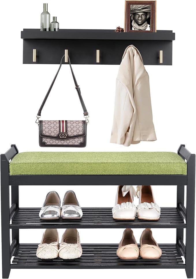 PETKABOO Shoe Rack for Front Door Entrance, 28” Entryway Bench with Coat Rack, Hall Tree Shoe Bench with Storage for Entry, Hallway, Bedroom, Living Room