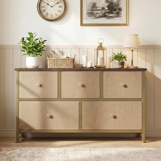 OLIXIS 5 Drawer Dresser for Bedroom, Storage Organizer for Closet, Khaki | Chest of Drawers for Clothes Storage with Bins, Wide Fabric Bedroom Dresser, Wooden Top, Living Room, Black Wood