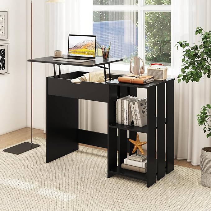 Tangkula Computer Desk with Lift Top, Space Saving Standing Desk with Hidden Compartment and Open Storage Shelves, Study Writing Desk with Lifting Mechanism, Black