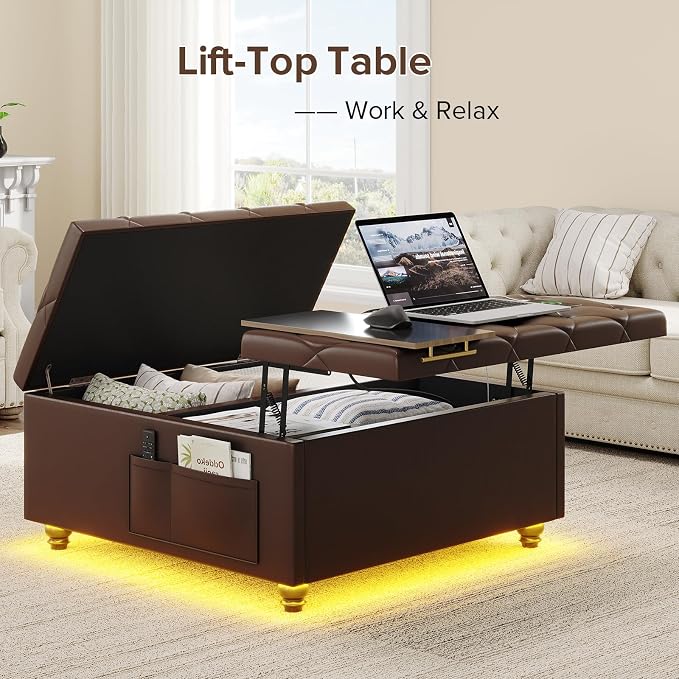 Dnxao Leather Ottoman with Storage,Lift Top Tufted Upholstered Ottoman Coffee Table with LED Lights and Charging Station, Ottomans for Living Room with 2 Side Pockets,Tray Included,PU Brown