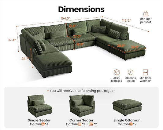 154" Oversized Corduroy Couch Modular Sectional Sofa, Washable Cloud Couch Sectional with 4 Ottoman, 8 Seater Sectional Couches for Living Room, Fully Cover Removable, Sleeper Sofa, Corduroy, Green