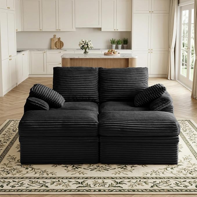 71" Modular Loveseat Sofa with Storage, 2-Seater Boneless Couch with Ottoman, 48" Deep Seat Corduroy Cloud Couch for Small Spaces Apartment, Tool-Free Assembly, Black