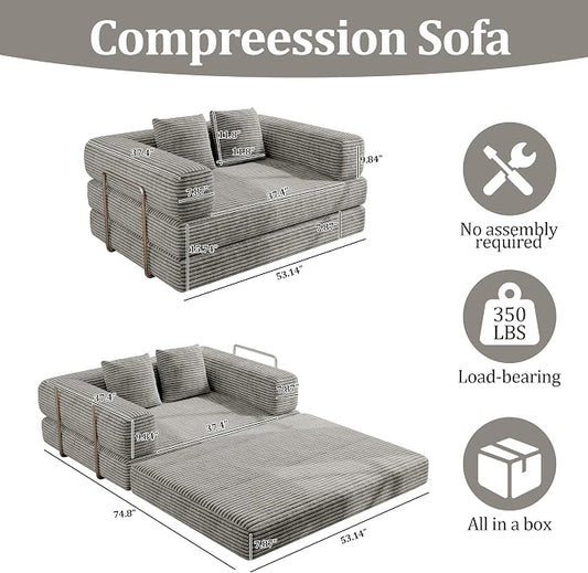 BSHOMGI 4 in 1 Convertible Sofas Boneless Couches with 2 Pillow, Modern Corduroy Futon Bed, Modular Queen Sofa with Pull-Out Bed, LoveSeat for Living Room, Small Space Apartment 53.15" Double Sofa