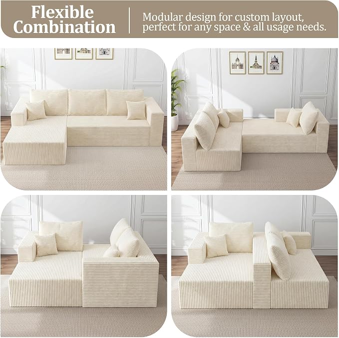92.5" Modular Sectional Sofa, L-Shaped Cloud Couch with Deep Seat & Chaise, Premium Corduroy Boneless Couches for Living Room/Bedroom/Small Space,No Need Assembly,Beige(Left Facing Chaise)