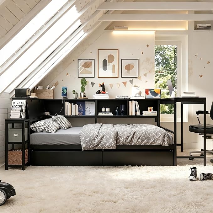 Bellemave Queen Corner Bed Frame with Storage Bookcase & 2 Drawers, Modern Metal Queen Daybed with LED Lights & Charging Station, Reversible Queen Size Corner Bed with Desk for Space-Saving, Black