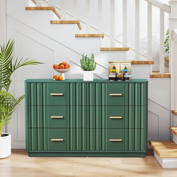 Fluted Double Dresser for Bedroom with 6 Drawers, 47" Wide Modern Chest of Drawers with Curved Profile Design, Wood Closet Clothes Storage Organizer Dresser TV Stand for Living Room, Hallway, Green