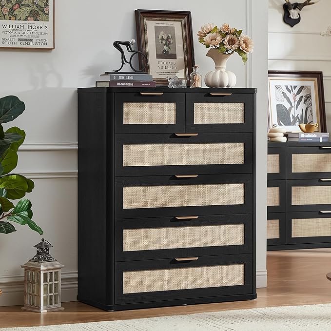 LEYAOYAO Rattan Dresser for Bedroom, 42" Tall Chest of Drawers, Modern 6 Drawers Boho Dressers with Storage, Light Oak Dresser Wooden Closet Organizer for Living Room, Hallway, Black