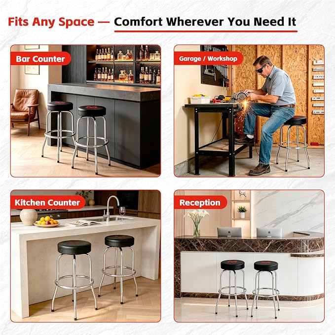 MaxWorks 51090 Swivel Bar Stool, Padded Seat with Chrome Plated Legs, Black, 300-Lb Capacity, 28-1/4" Tall, 14-1/2" Diameter Surface, Ideal for Garage, Shop, Workbench, Bar