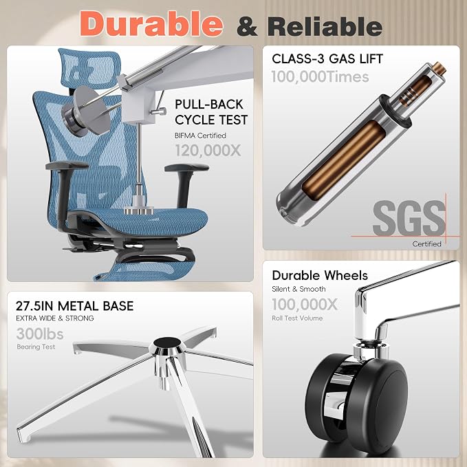 GABRYLLY Ergonomic Office Chair - 135° Reclining Desk Chair with Adjustable Lumbar Support, 3D Armrest, Large Headrest & Heavy Duty Steel Base, 300LBS Mesh Task Chair, Navy Blue