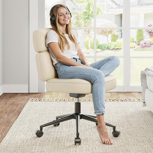 OLIXIS Ergonomic Home Office Desk Chair, PU Leather Computer Chair with Lumbar Support Adjustable Height Rolling Swivel Executive Task Armrests, Off-White