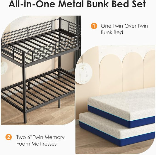 Bunk Bed Twin Over Twin with 6'' Mattresses Included, Heavy Duty Metal Bunk Bed Frame with Angled Ladder for Teens and Adults, for Spaces-Saving, Smooth Rounded Edges, Black