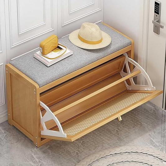 ELEFOCUS Shoe Storage Bench with Rattan Drawers - Slim Shoe Organizer Cabinet for Closet | Space-Saving Closed Shoe Rack (Size:70x25x45cm,Color:Primary Color)