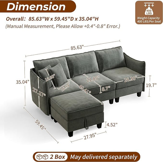 WorthFurni Modular Sectional Sofa L Shape Couches with Storage Ottoman and Washable Cushion Cover for Living Room, Apartment, Bedroom(Grey)
