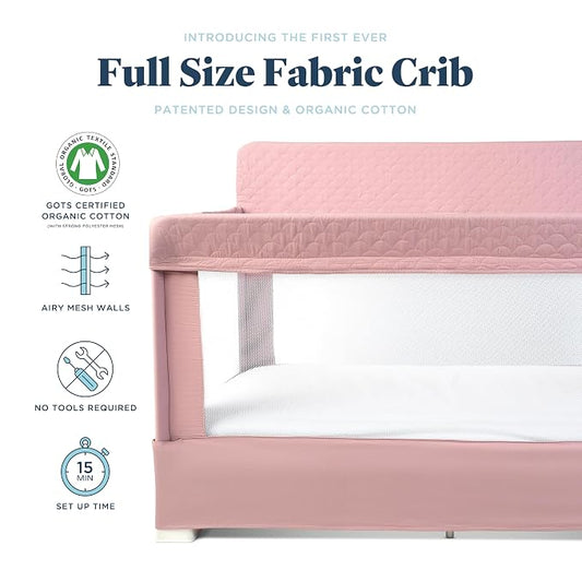 Baby Delight Lunaire Full Size Crib | Breathable Mesh Baby Crib | Tool-Free Assembly Baby Bed | 100% GOTS Certified Organic Cotton Fabric | Organic Rose