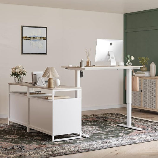FEZIBO 66 Inches L Shaped Standing Desk with Drawers & Shelves, Executive Desk Adjustable Height Desk, Light Walnut Top/White Frame