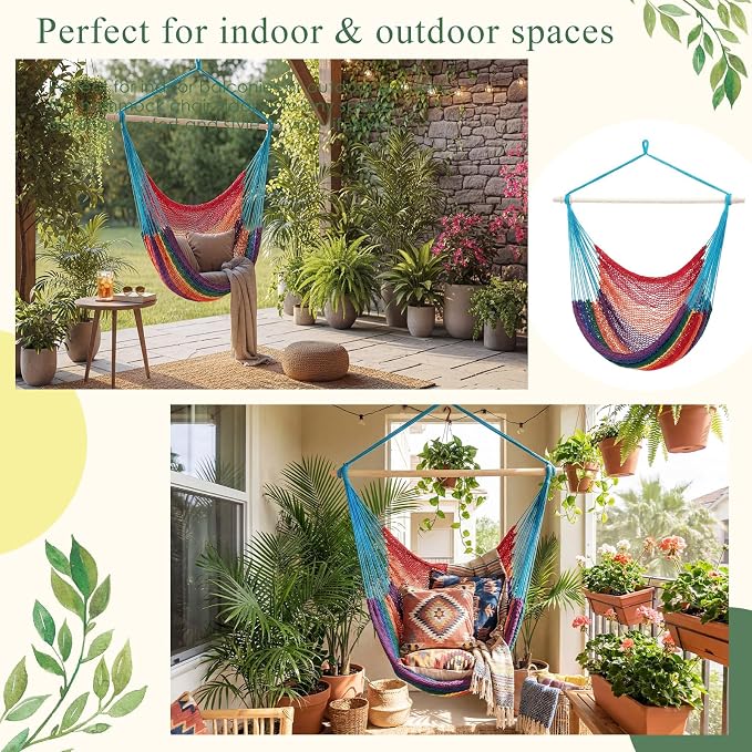 Barydat 2 Pcs Hanging Hammock Chair Boho Swing Chair Outdoor Indoor Comfy Soft Cotton Rope Weaving with 40 Inch Detachable Metal Bars for Backyard Living Room Garden, 270lb Capacity (Rainbow Color)