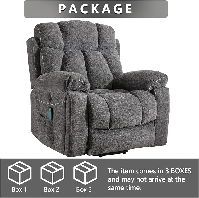 CANMOV Large Power Lift Recliner Chairs with Massage and Heat for Elderly Big People, Heavy Duty Motion Reclining Mechanism-Anti Skid Fabric Recliner Chair with 2 Concealed Cup Holders,Dark Gray