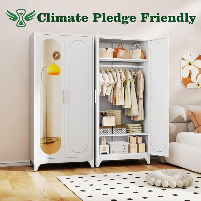 71" Arched Metal Wardrobe Closet with Full-Length Mirror, French Elegance Steel Armoire Clothes Storage Cabinet with Hanging Rod & Adjustable Shelves for Bedroom Home Office, 18" Deep White