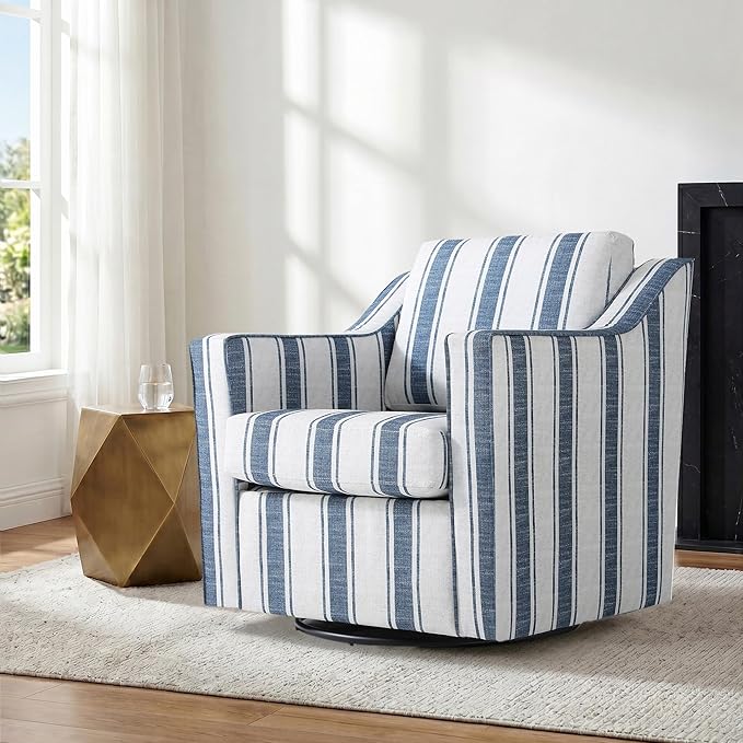 Swivel Accent Chair Set of 2, Modern Round Barrel Arm Chair for Living Room, Bedroom, Comfy Club Reading Chairs for Adult, Stripe Navy Blue