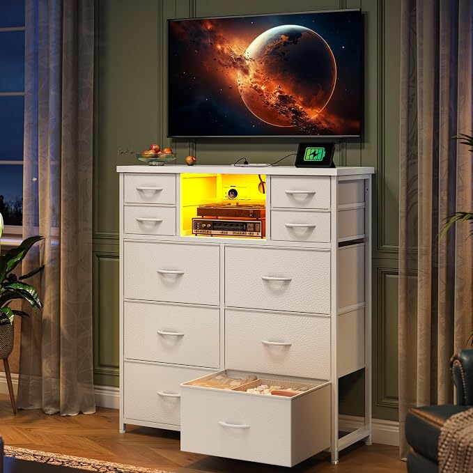 Romorgniz White Dresser for Bedroom with LED Lights & Power Outlets 2 AC & 2 USB, Fabric 10 Drawer Dressers & Chest of Drawers with Open Shelves for Hallway Living Room Closet, Metal Frame, Wood Top