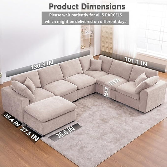 Oversized Modular Sectional Sofa Couch, Large 7 Seater Corner Sofa Modern U Shaped Sectional Couch with Ottoman Cloud Couches for Living Room, Office, Spacious Space, Beige - Chenille
