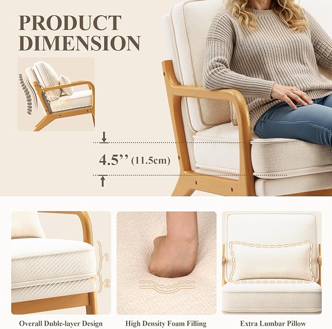 MALOL Mid-Century Accent Chair with Solid Wood Frame, Reading Relaxing Armchair Lumbar Pillow& Soft Cushion, Leisure Chair for Living Room, Bedroom, Waiting Room-Beige