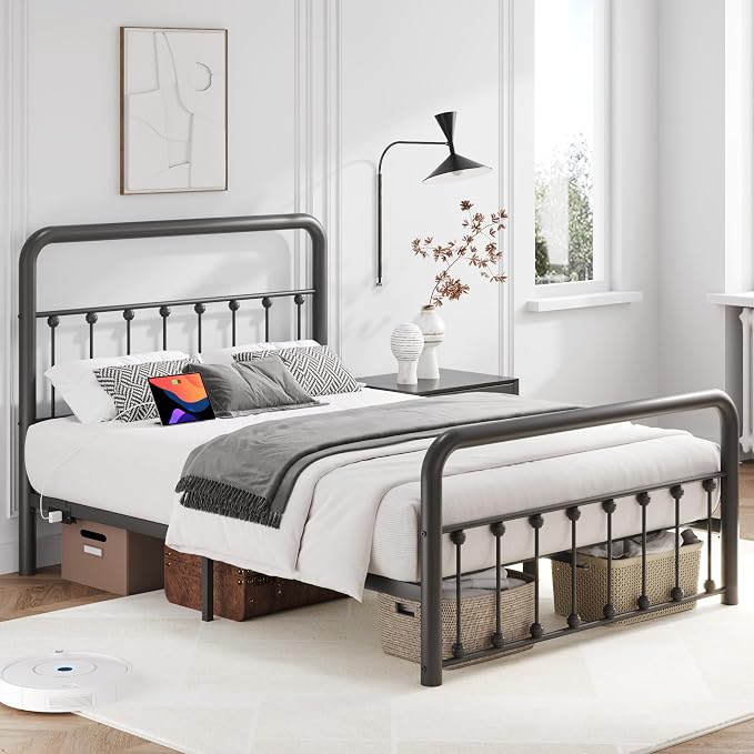 Fluest 14 Inch Full Bed Frame Classic Metal Platform Bed Frame with Charging Station & LED, Victorian Style Iron-Art Headboard/Footboard, Under Bed Storage, No Box Spring Needed, Noise Free